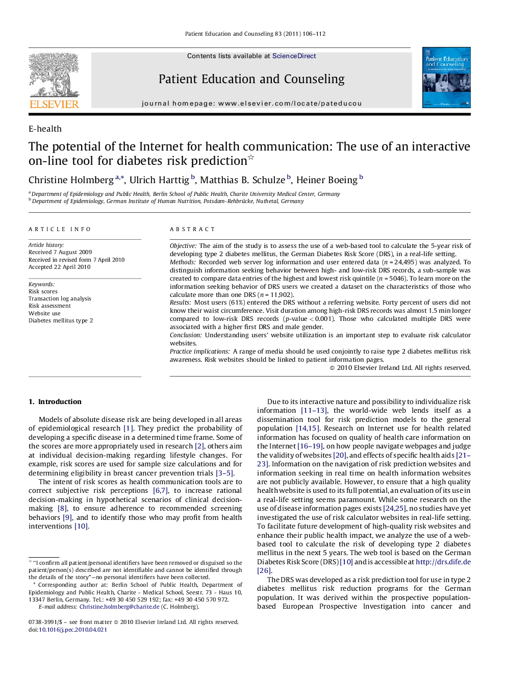 The potential of the Internet for health communication: The use of an interactive on-line tool for diabetes risk prediction 