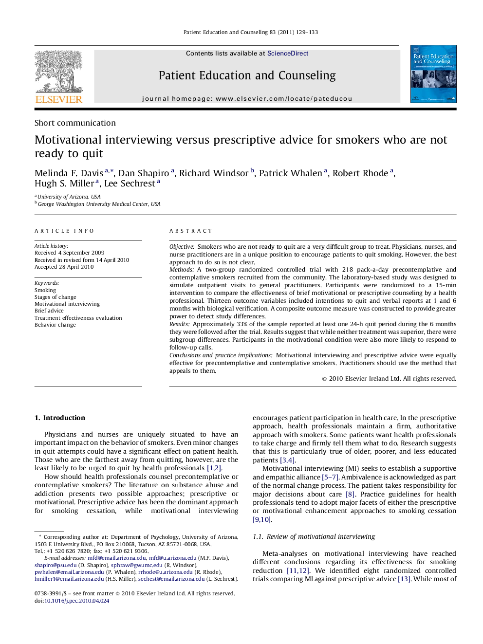 Motivational interviewing versus prescriptive advice for smokers who are not ready to quit