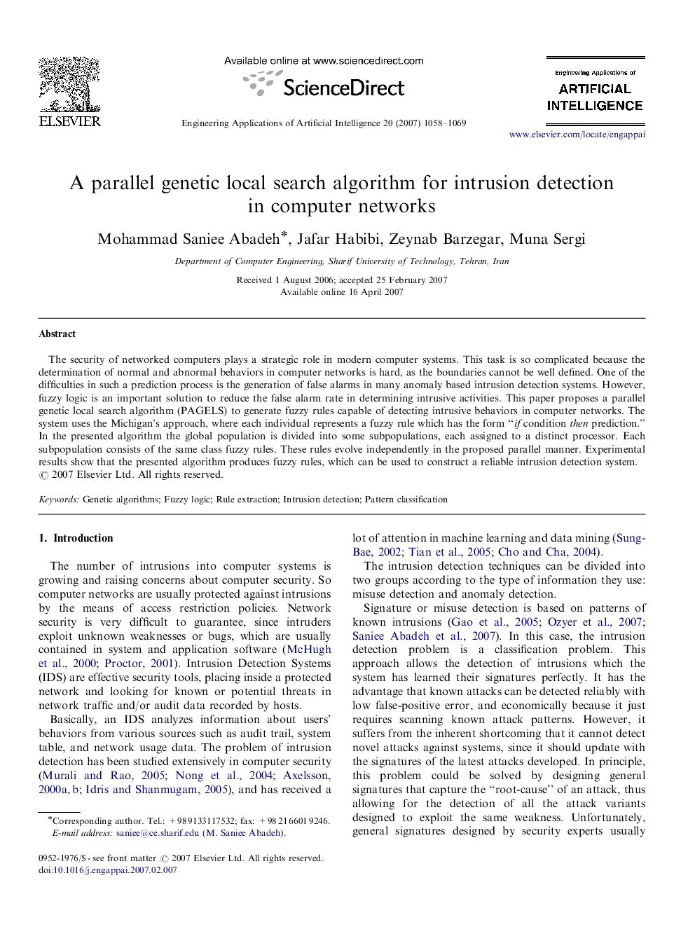 A parallel genetic local search algorithm for intrusion detection in computer networks