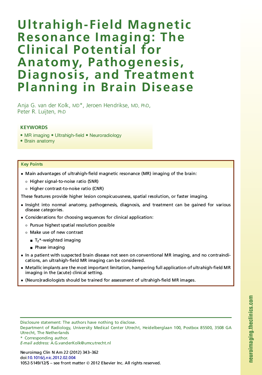 Ultrahigh-Field Magnetic Resonance Imaging: The Clinical Potential for Anatomy, Pathogenesis, Diagnosis, and Treatment Planning in Brain Disease