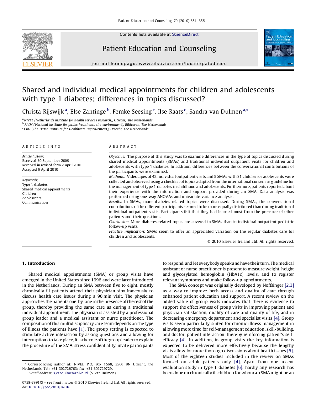 Shared and individual medical appointments for children and adolescents with type 1 diabetes; differences in topics discussed?