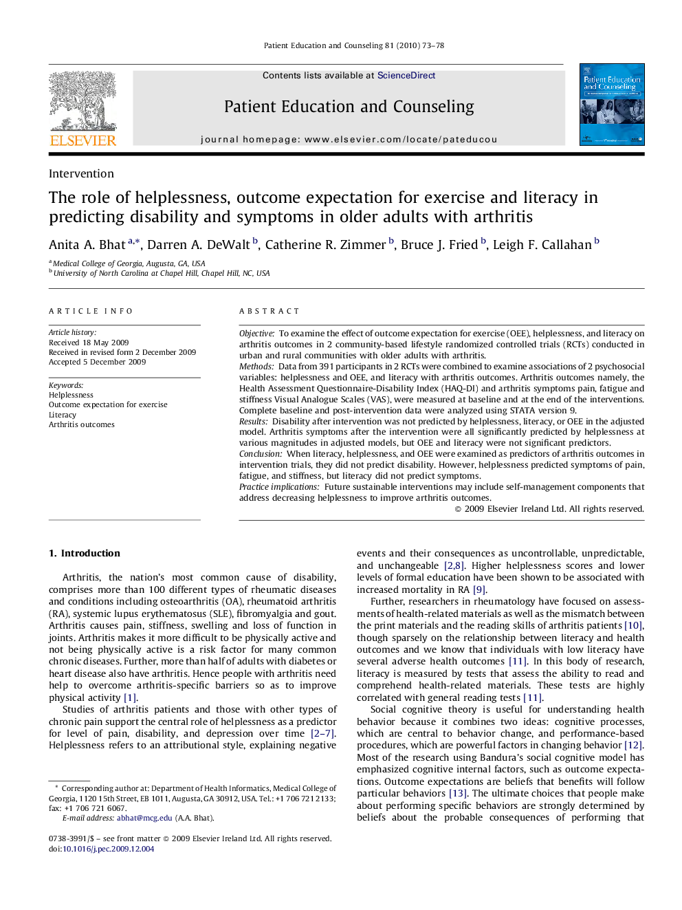 The role of helplessness, outcome expectation for exercise and literacy in predicting disability and symptoms in older adults with arthritis