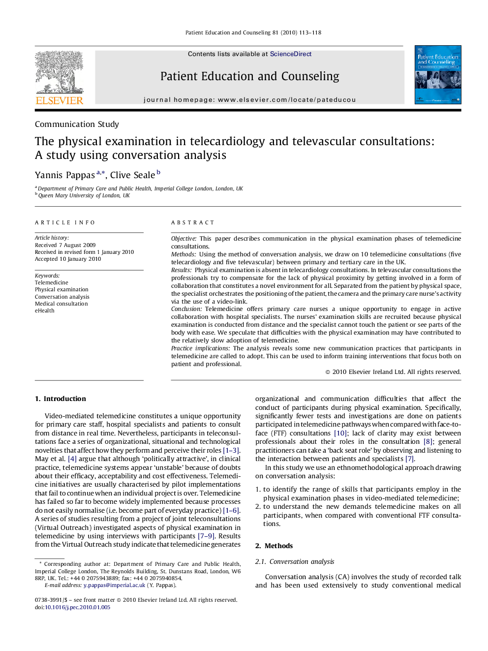 The physical examination in telecardiology and televascular consultations: A study using conversation analysis