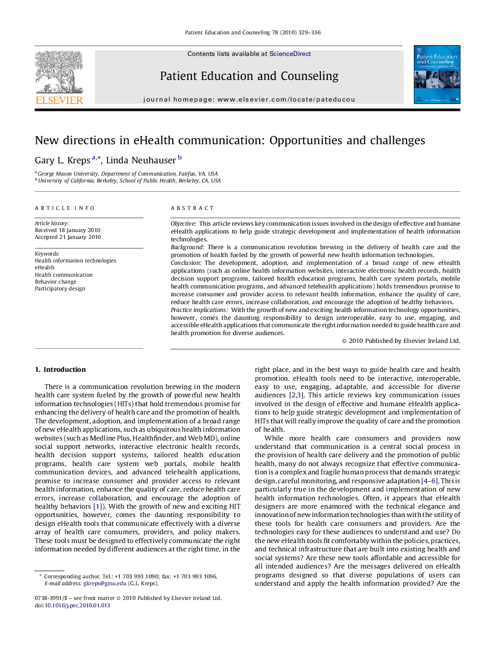 New directions in eHealth communication: Opportunities and challenges