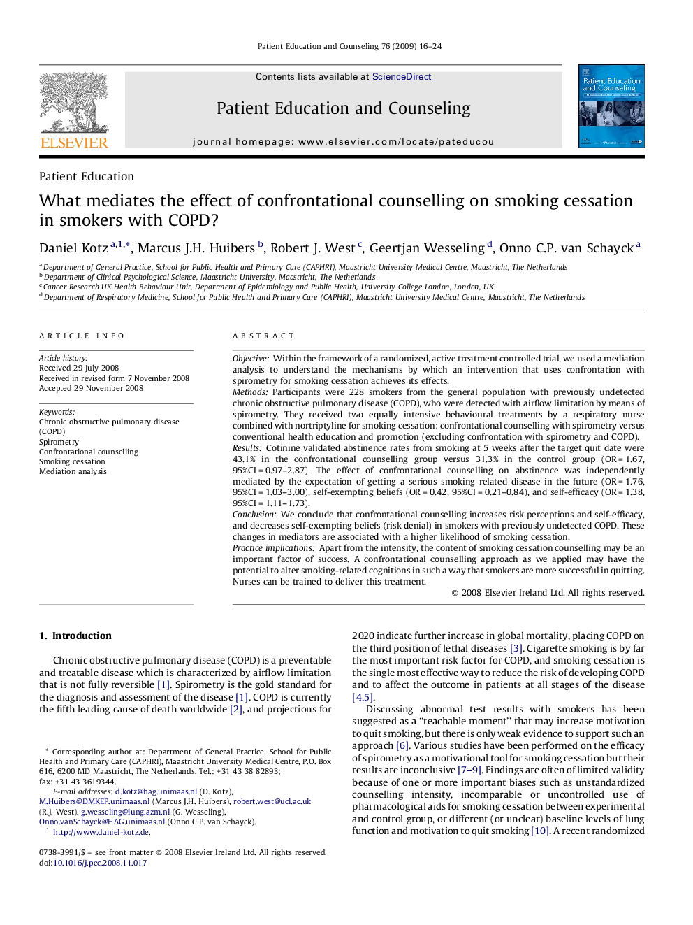 What mediates the effect of confrontational counselling on smoking cessation in smokers with COPD?