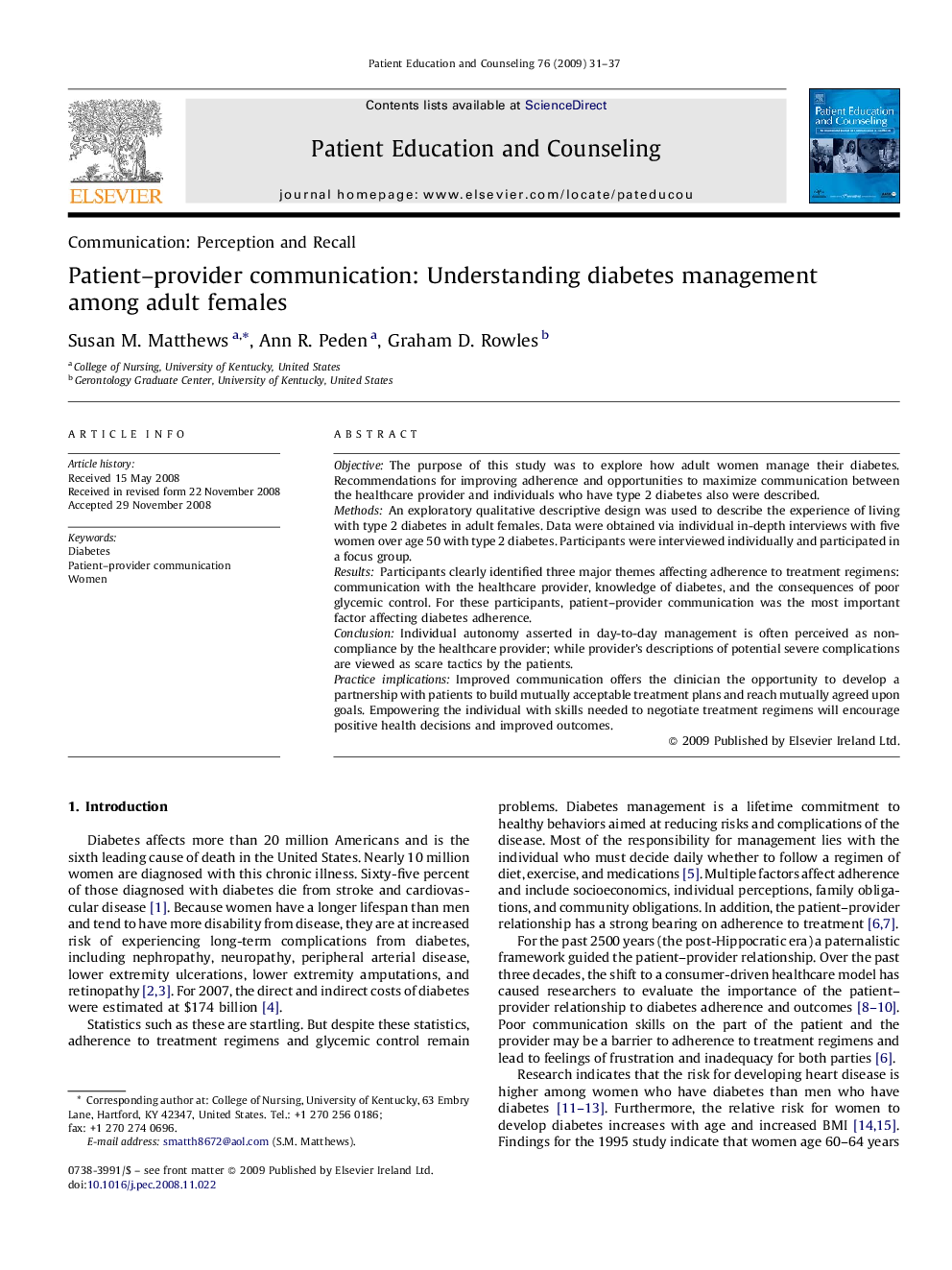 Patient-provider communication: Understanding diabetes management among adult females