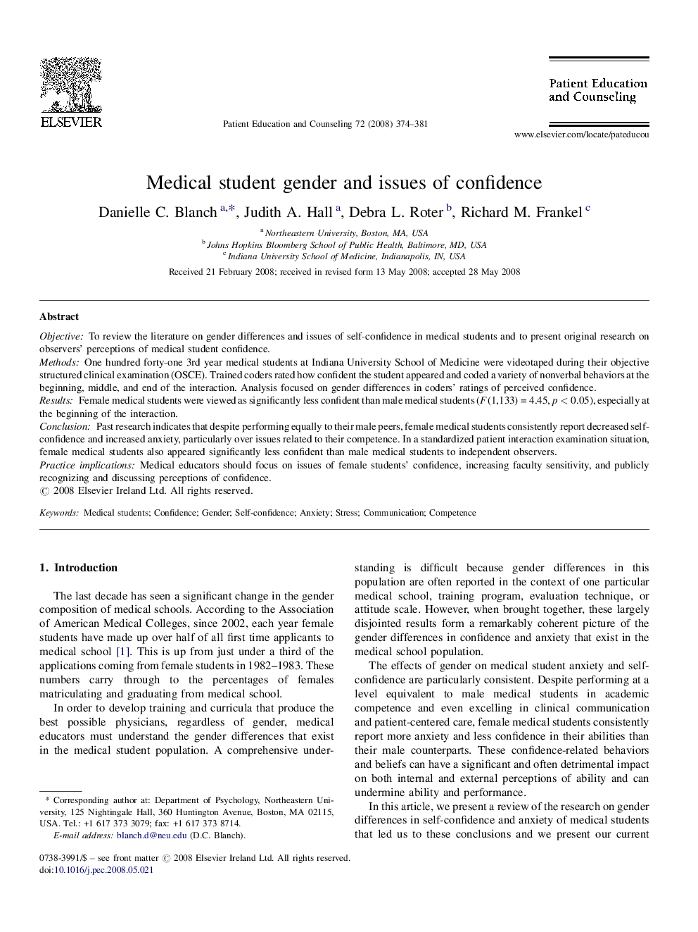 Medical student gender and issues of confidence