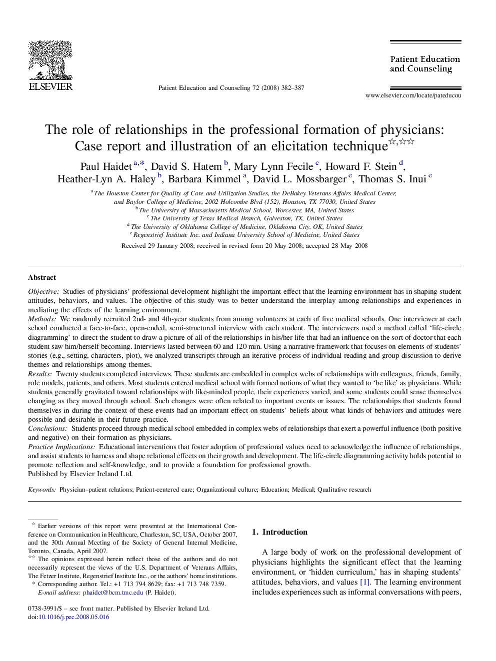 The role of relationships in the professional formation of physicians: Case report and illustration of an elicitation technique 