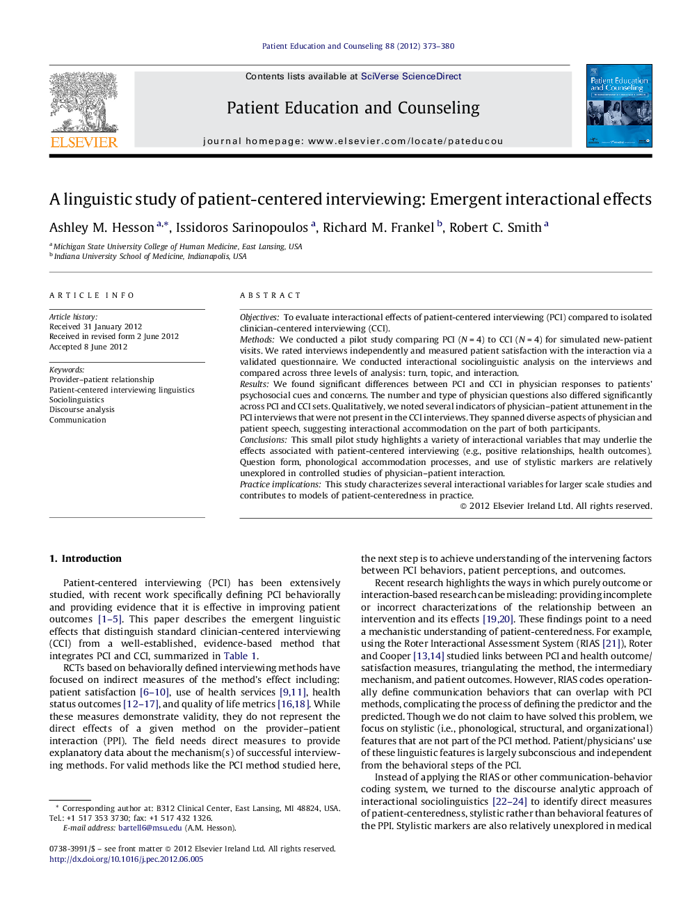 A linguistic study of patient-centered interviewing: Emergent interactional effects