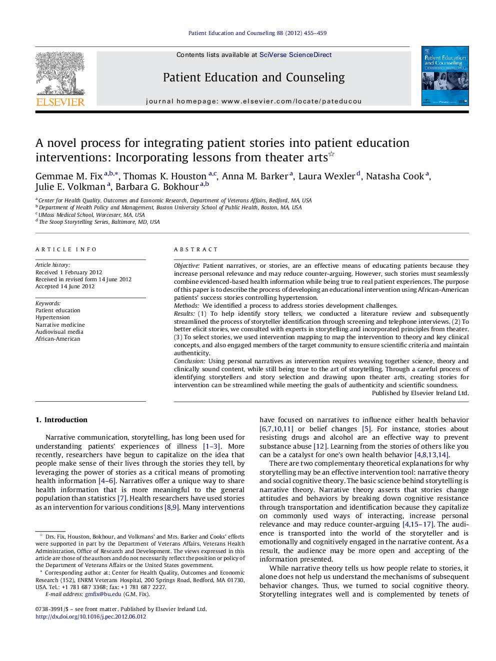 A novel process for integrating patient stories into patient education interventions: Incorporating lessons from theater arts 