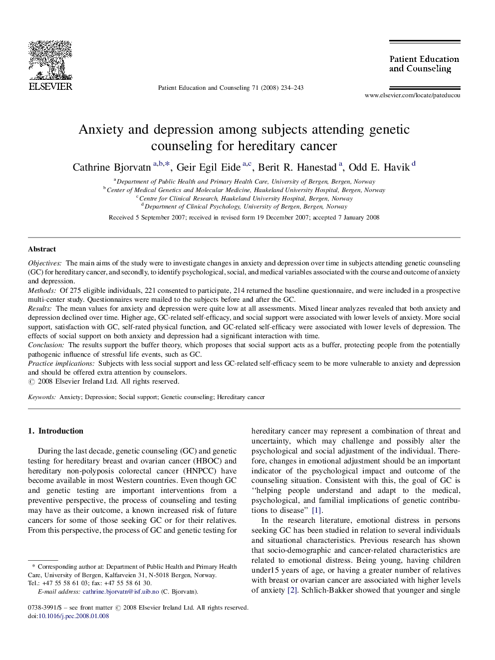 Anxiety and depression among subjects attending genetic counseling for hereditary cancer