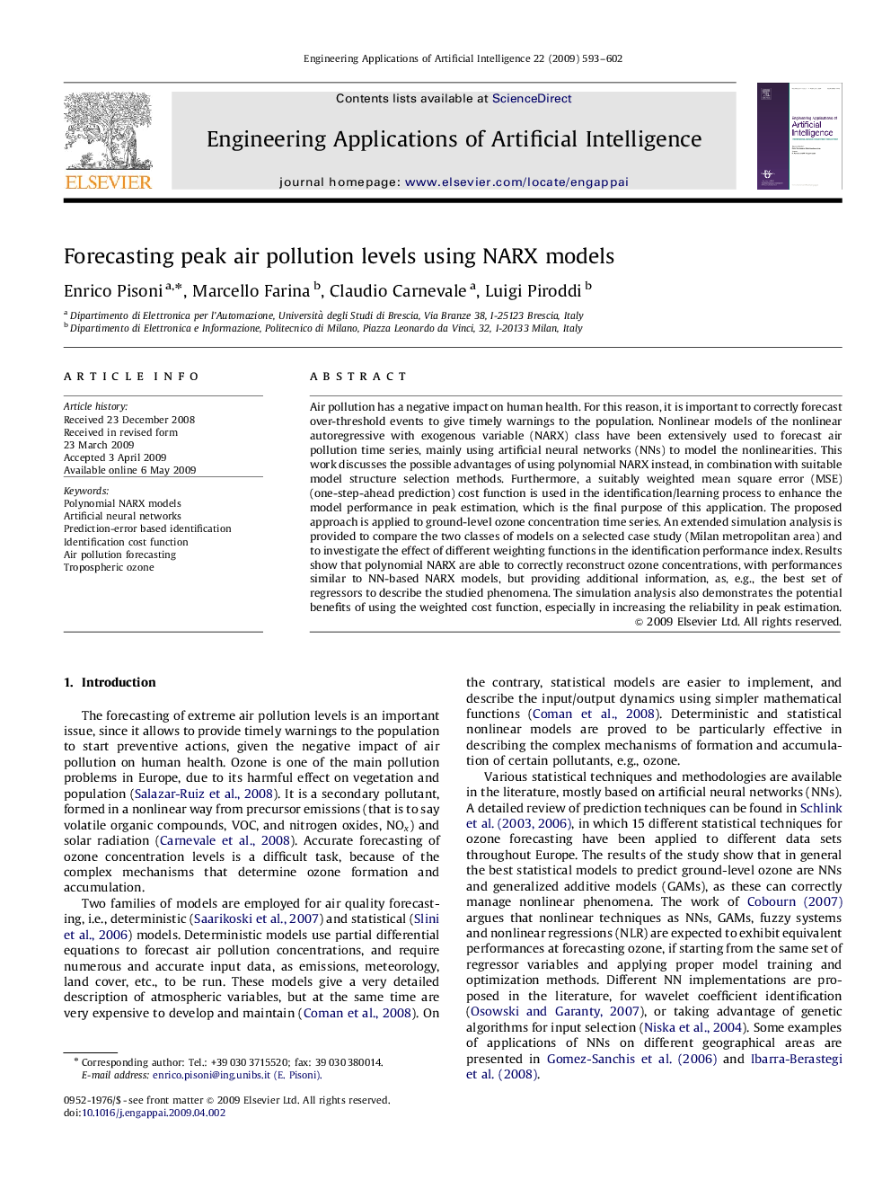 Forecasting peak air pollution levels using NARX models