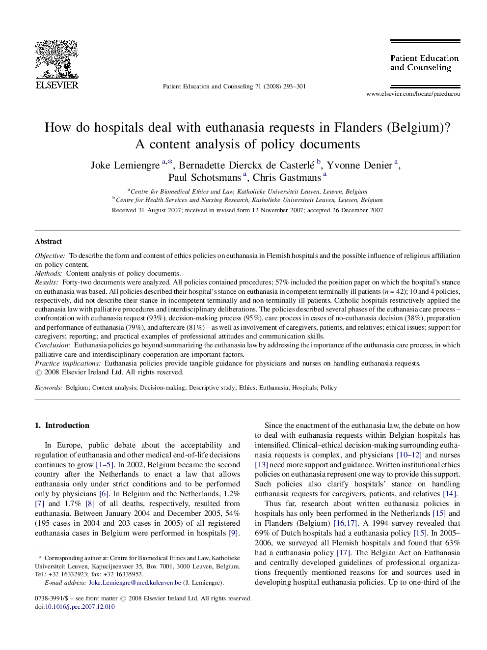 How do hospitals deal with euthanasia requests in Flanders (Belgium)?: A content analysis of policy documents