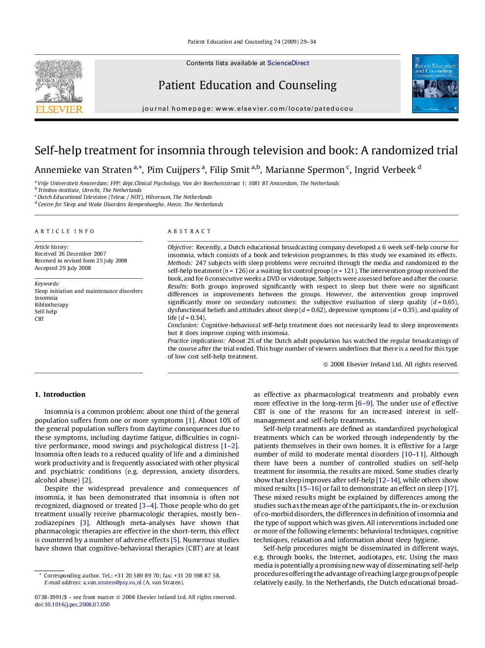 Self-help treatment for insomnia through television and book: A randomized trial