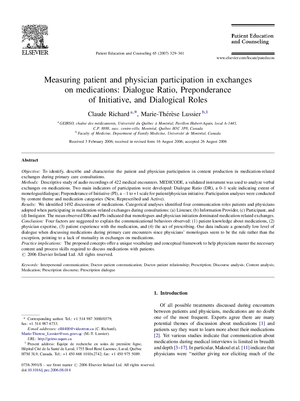 Measuring patient and physician participation in exchanges on medications: Dialogue Ratio, Preponderance of Initiative, and Dialogical Roles