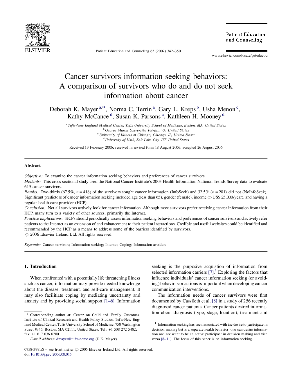 Cancer survivors information seeking behaviors: A comparison of survivors who do and do not seek information about cancer