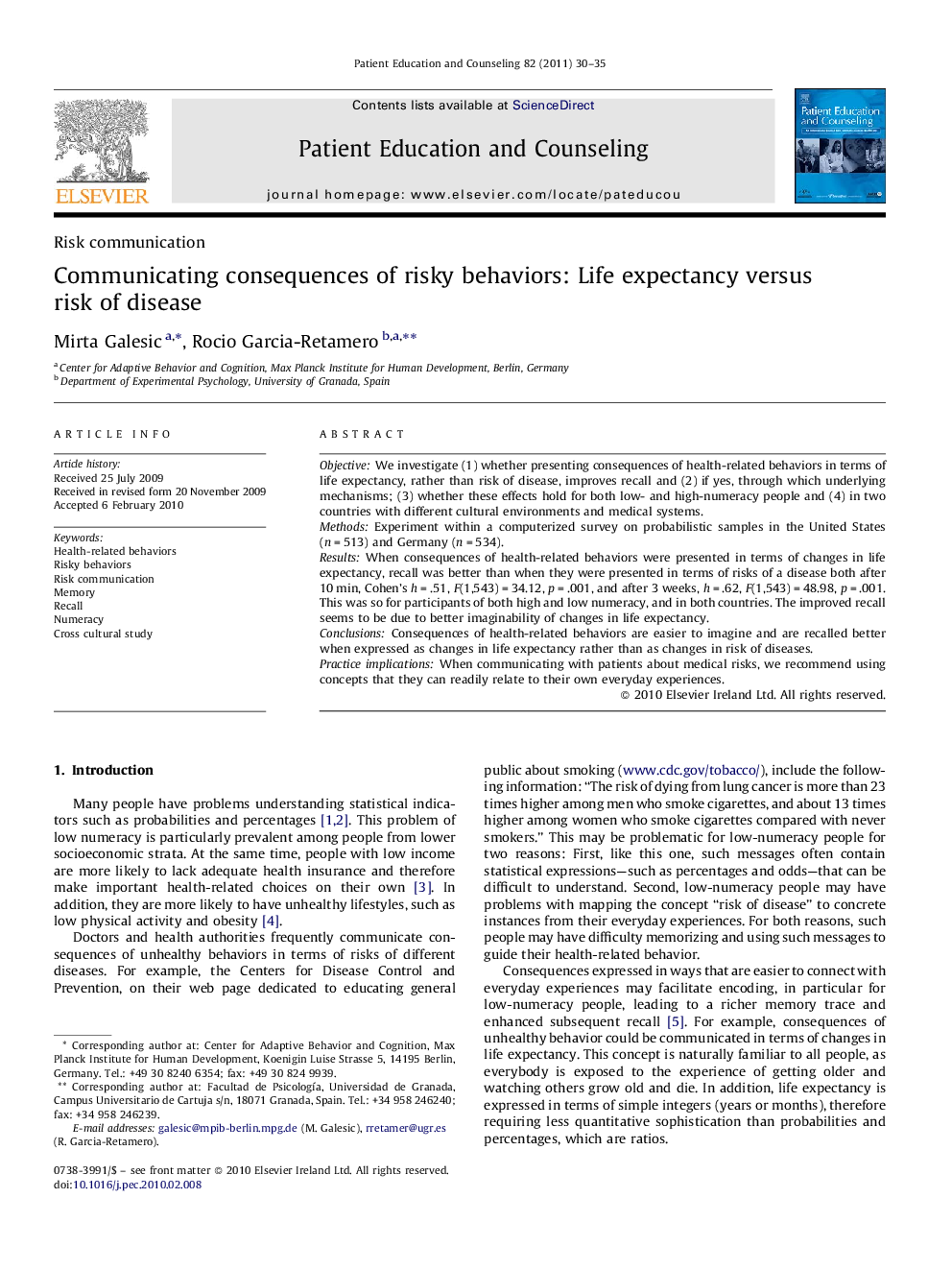 Communicating consequences of risky behaviors: Life expectancy versus risk of disease