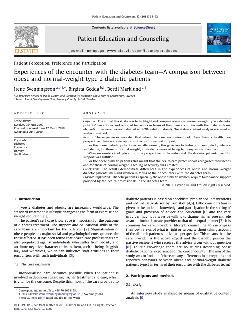 Experiences of the encounter with the diabetes team-A comparison between obese and normal-weight type 2 diabetic patients