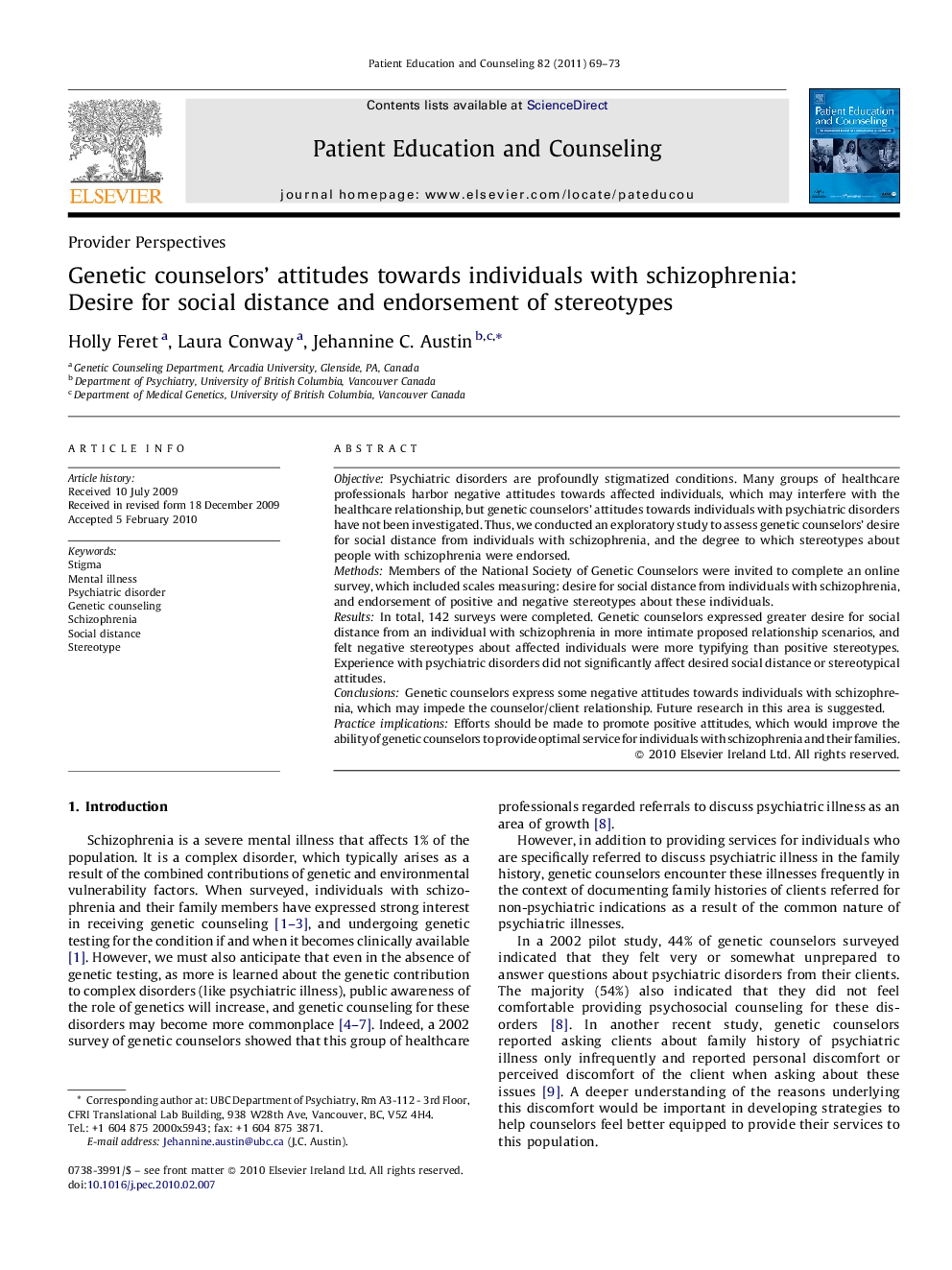 Genetic counselors’ attitudes towards individuals with schizophrenia: Desire for social distance and endorsement of stereotypes