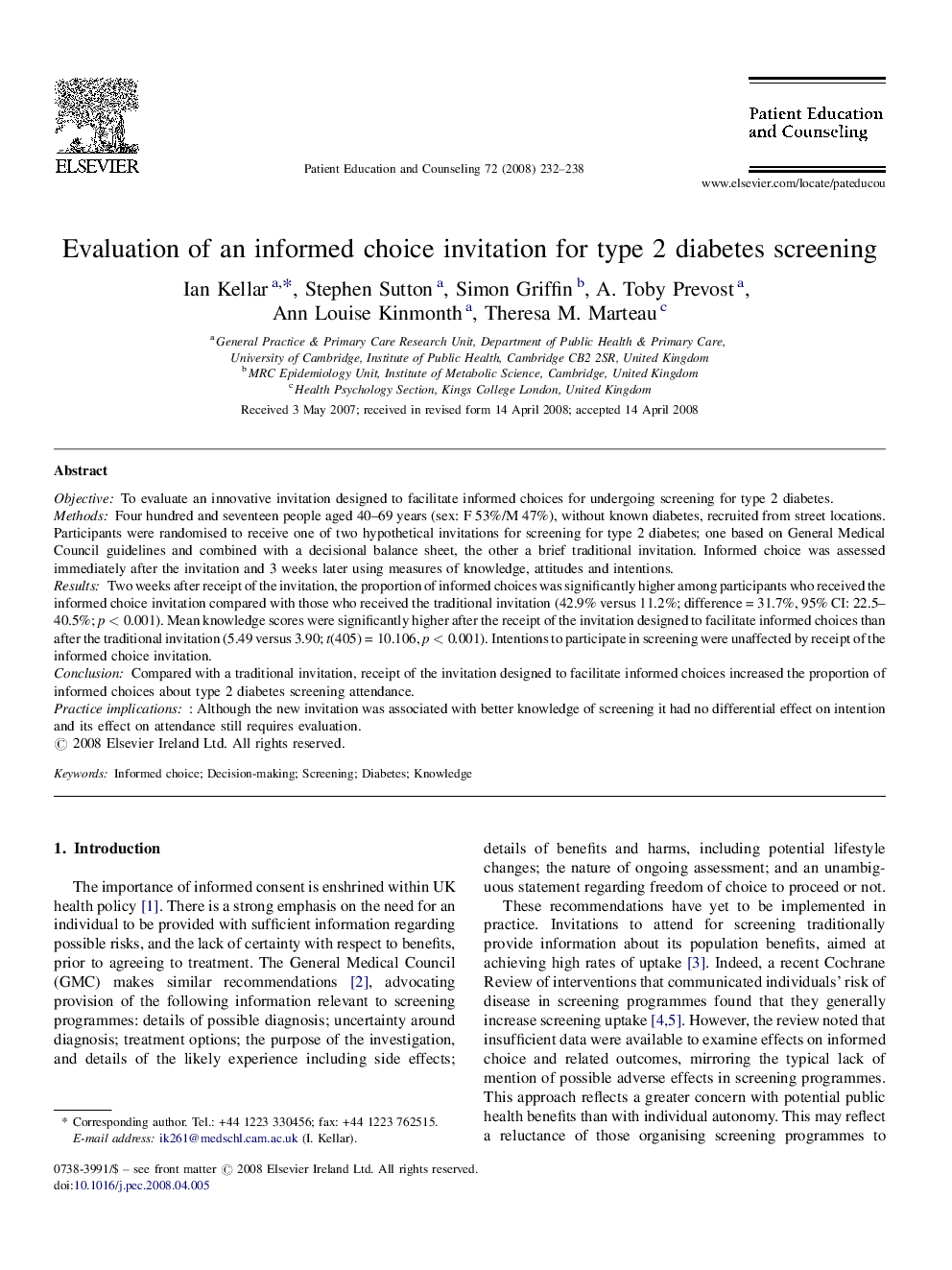 Evaluation of an informed choice invitation for type 2 diabetes screening