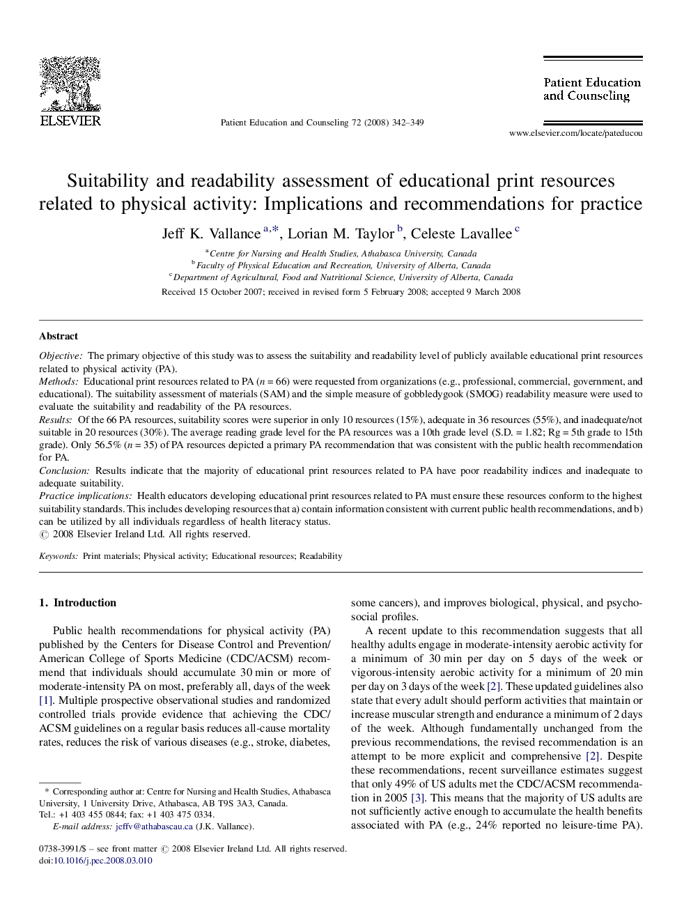 Suitability and readability assessment of educational print resources related to physical activity: Implications and recommendations for practice