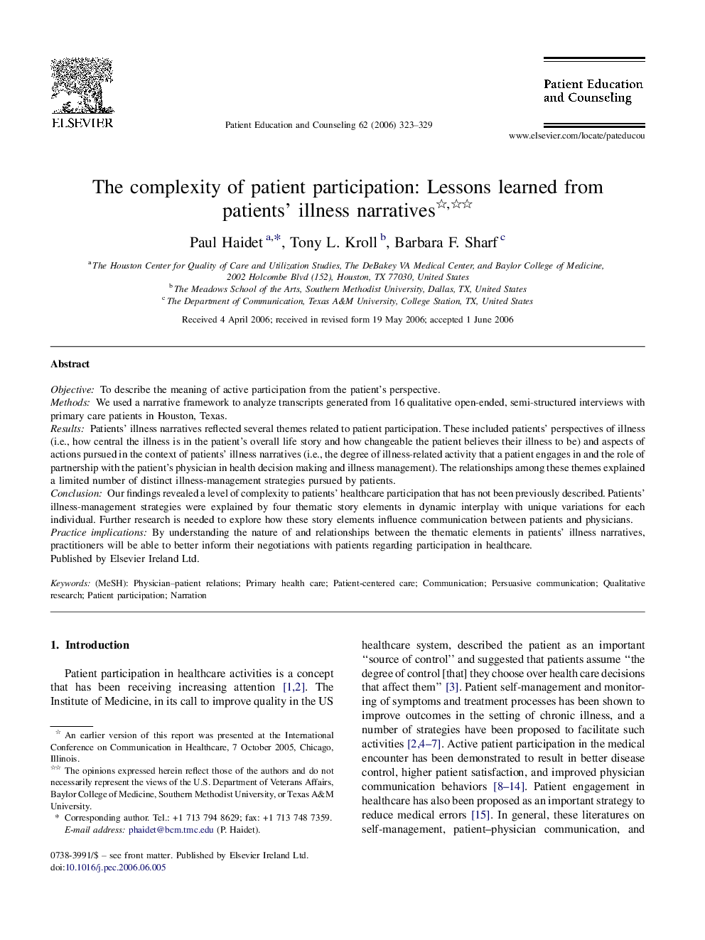 The complexity of patient participation: Lessons learned from patients’ illness narratives 