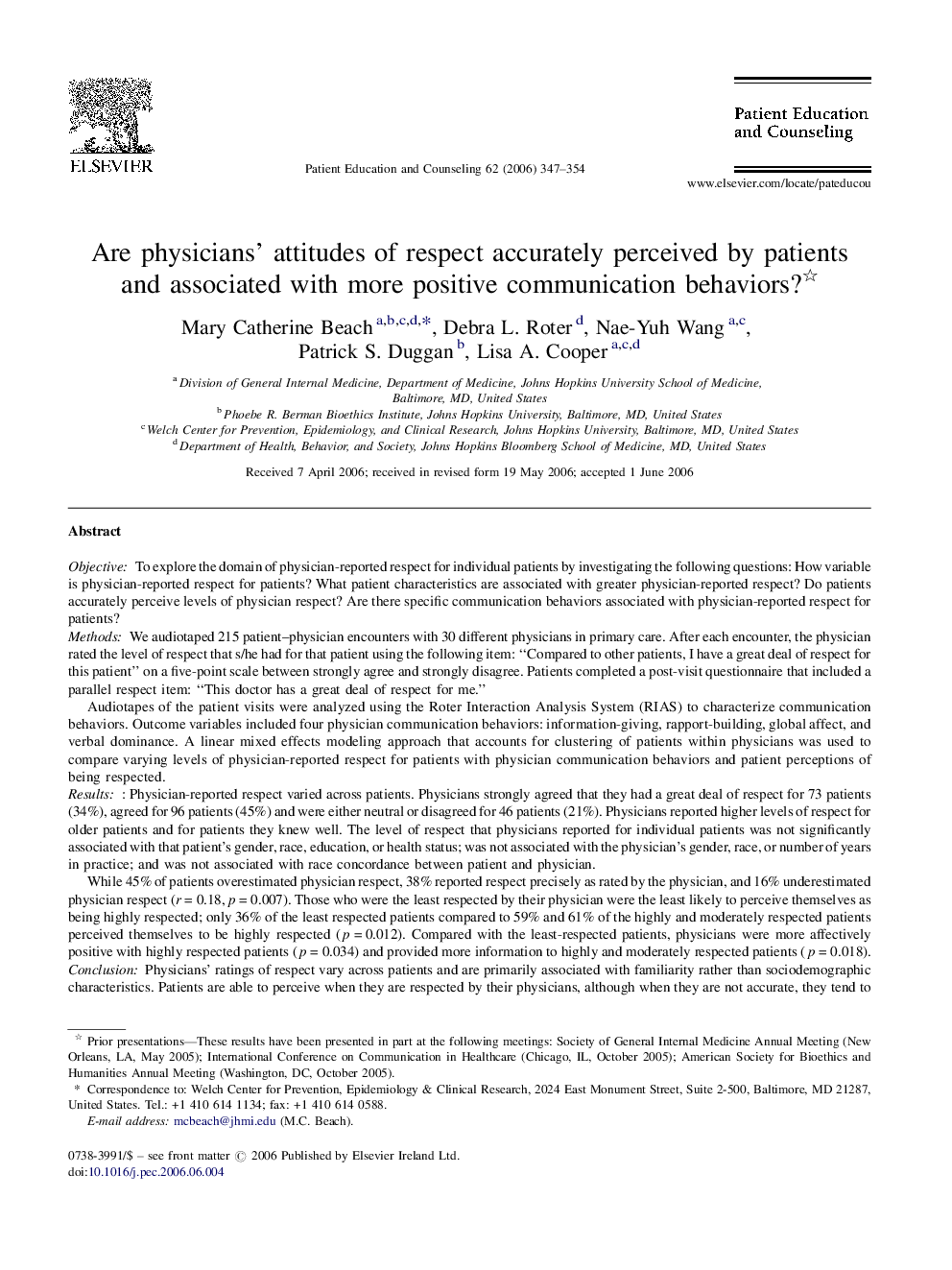 Are physicians’ attitudes of respect accurately perceived by patients and associated with more positive communication behaviors? 