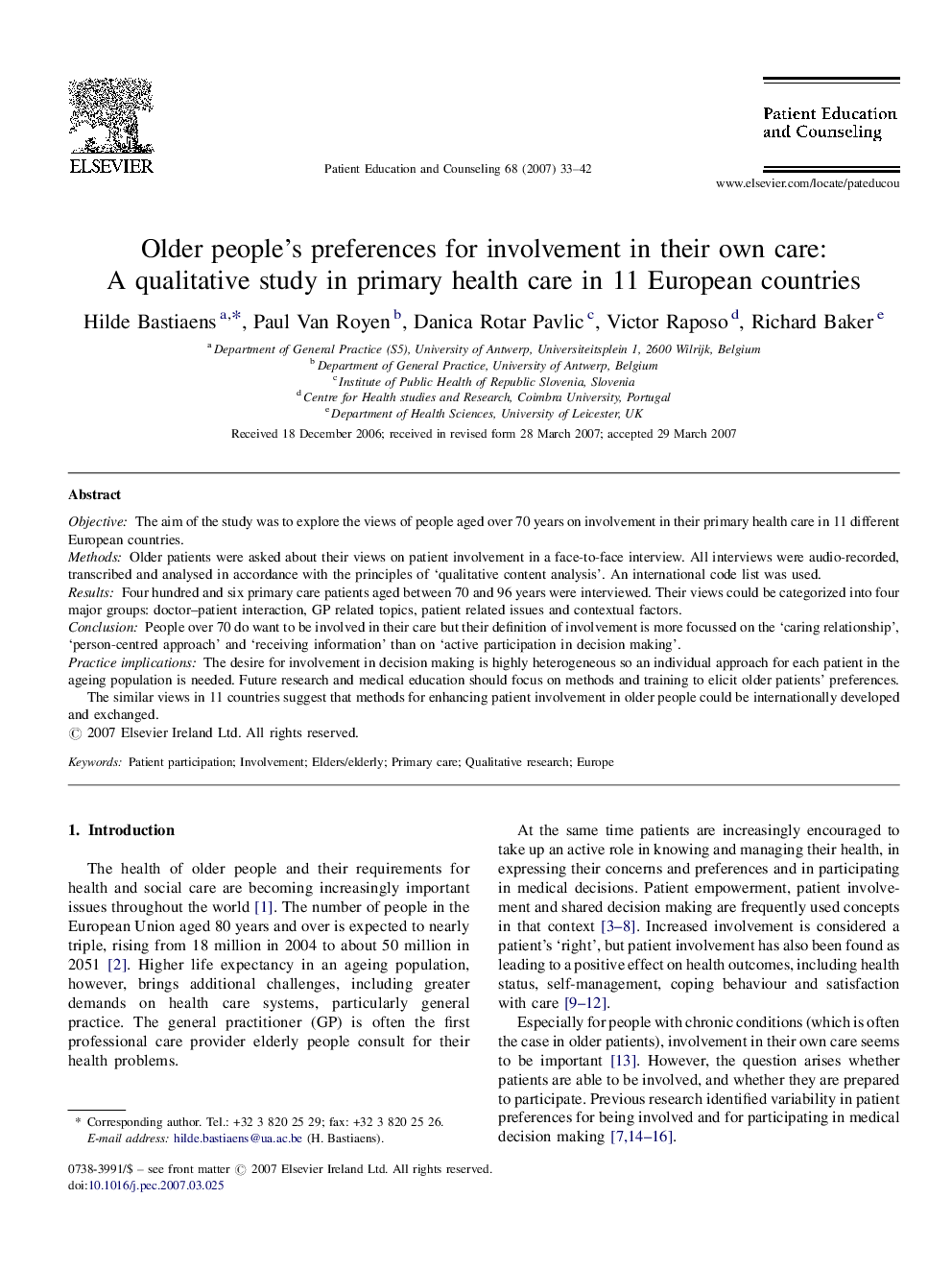 Older people's preferences for involvement in their own care: A qualitative study in primary health care in 11 European countries