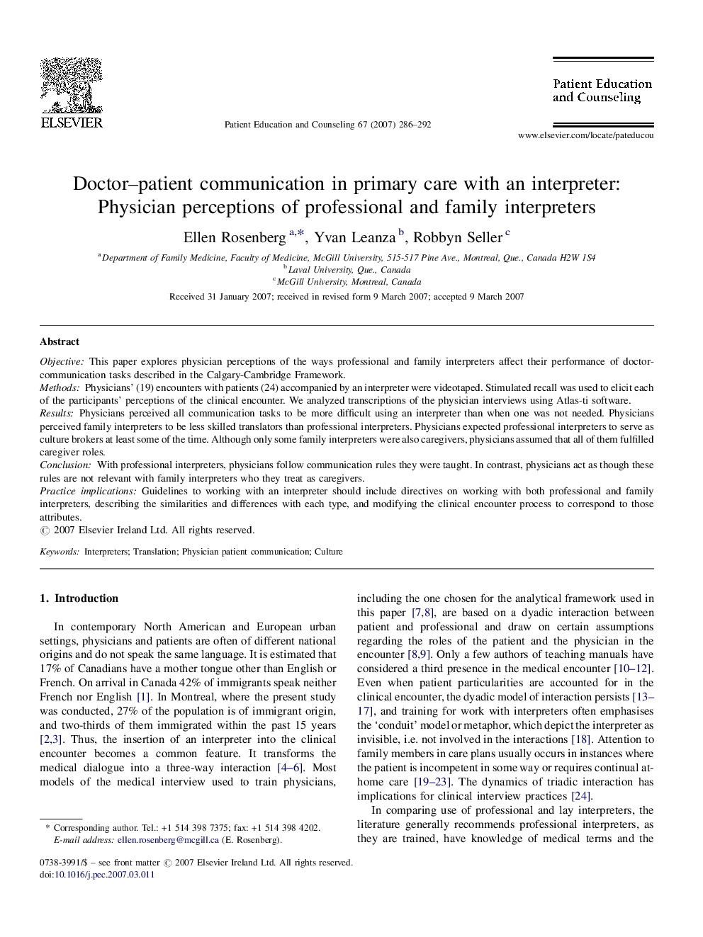 Doctor–patient communication in primary care with an interpreter: Physician perceptions of professional and family interpreters