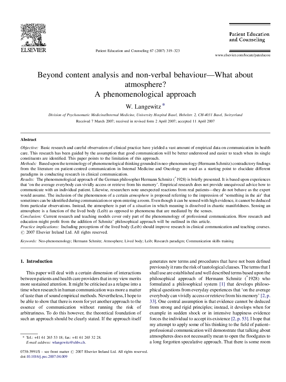 Beyond content analysis and non-verbal behaviour—What about atmosphere?: A phenomenological approach