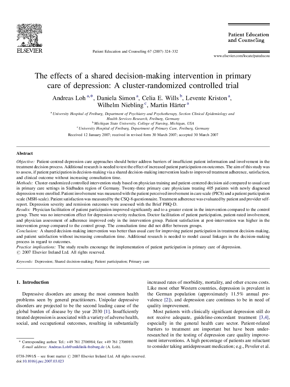 The effects of a shared decision-making intervention in primary care of depression: A cluster-randomized controlled trial