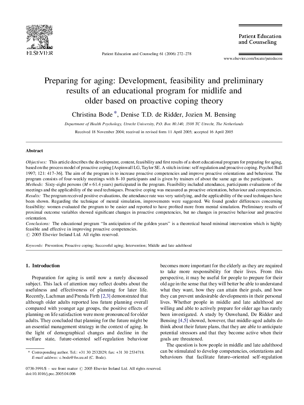 Preparing for aging: Development, feasibility and preliminary results of an educational program for midlife and older based on proactive coping theory