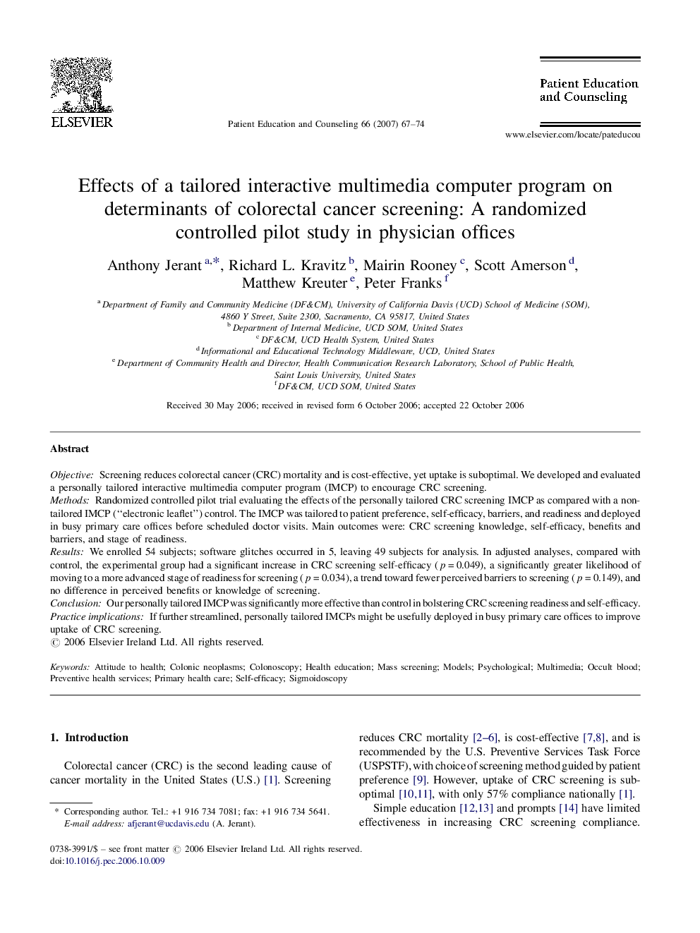 Effects of a tailored interactive multimedia computer program on determinants of colorectal cancer screening: A randomized controlled pilot study in physician offices