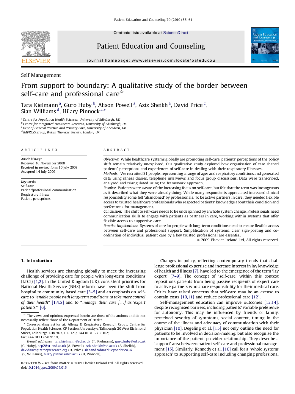 From support to boundary: A qualitative study of the border between self-care and professional care 