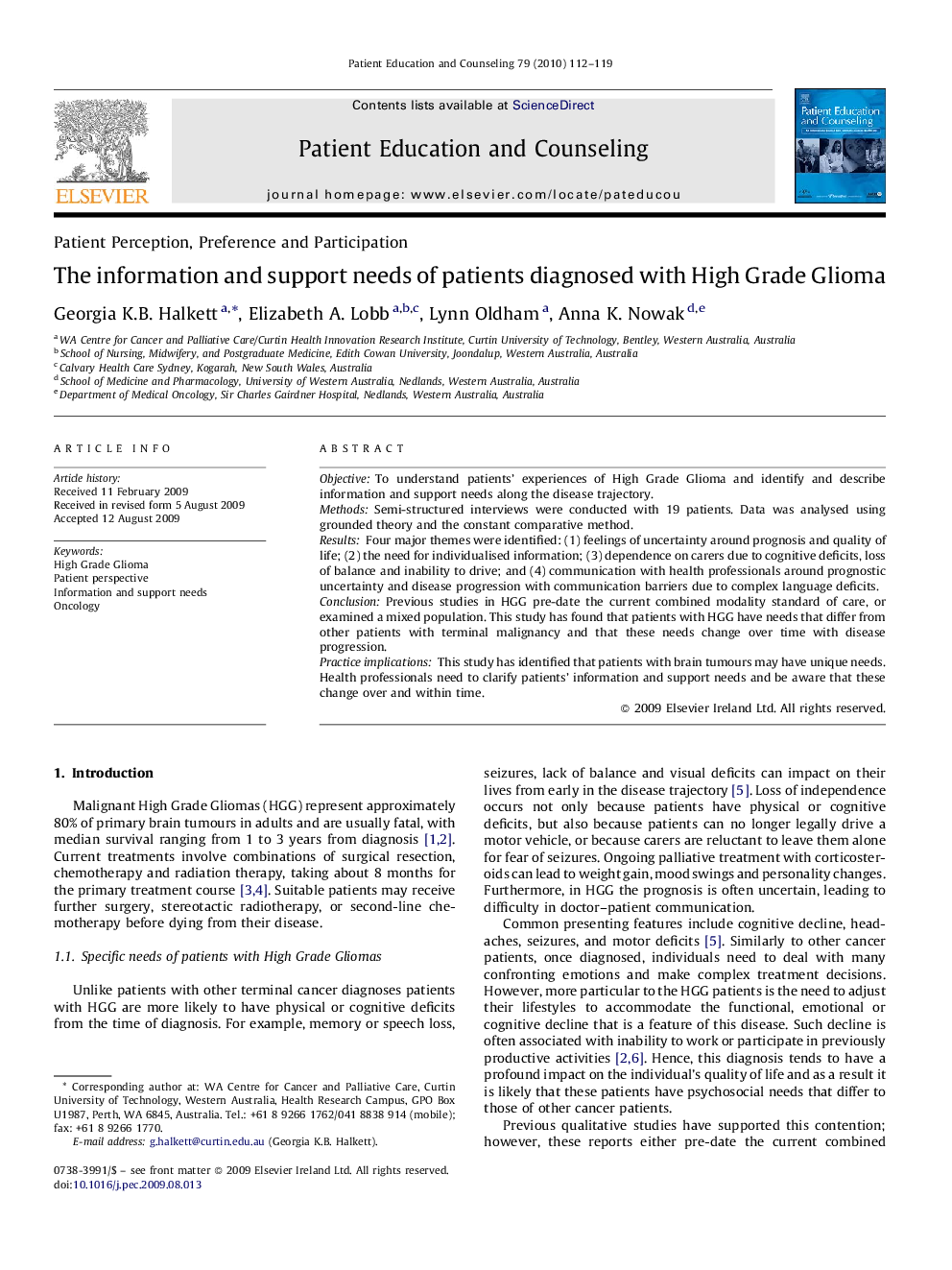 The information and support needs of patients diagnosed with High Grade Glioma