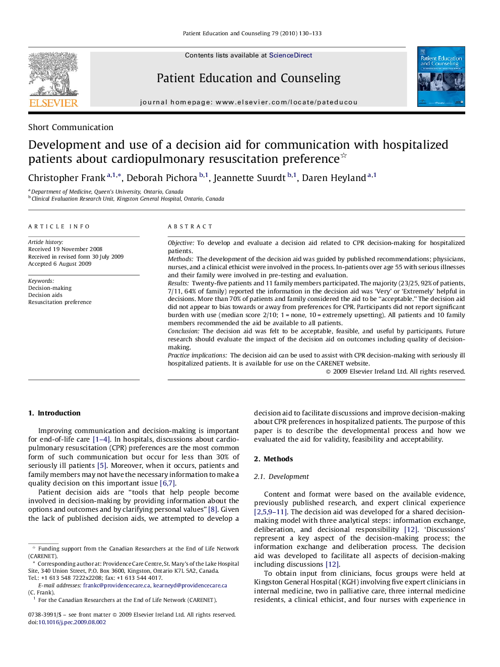 Development and use of a decision aid for communication with hospitalized patients about cardiopulmonary resuscitation preference 