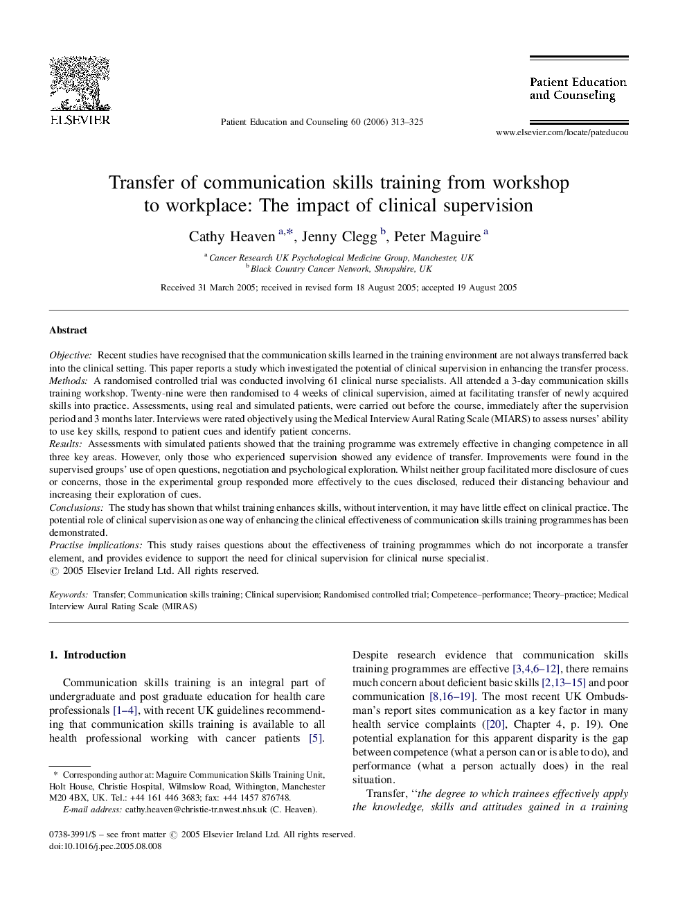 Transfer of communication skills training from workshop to workplace: The impact of clinical supervision