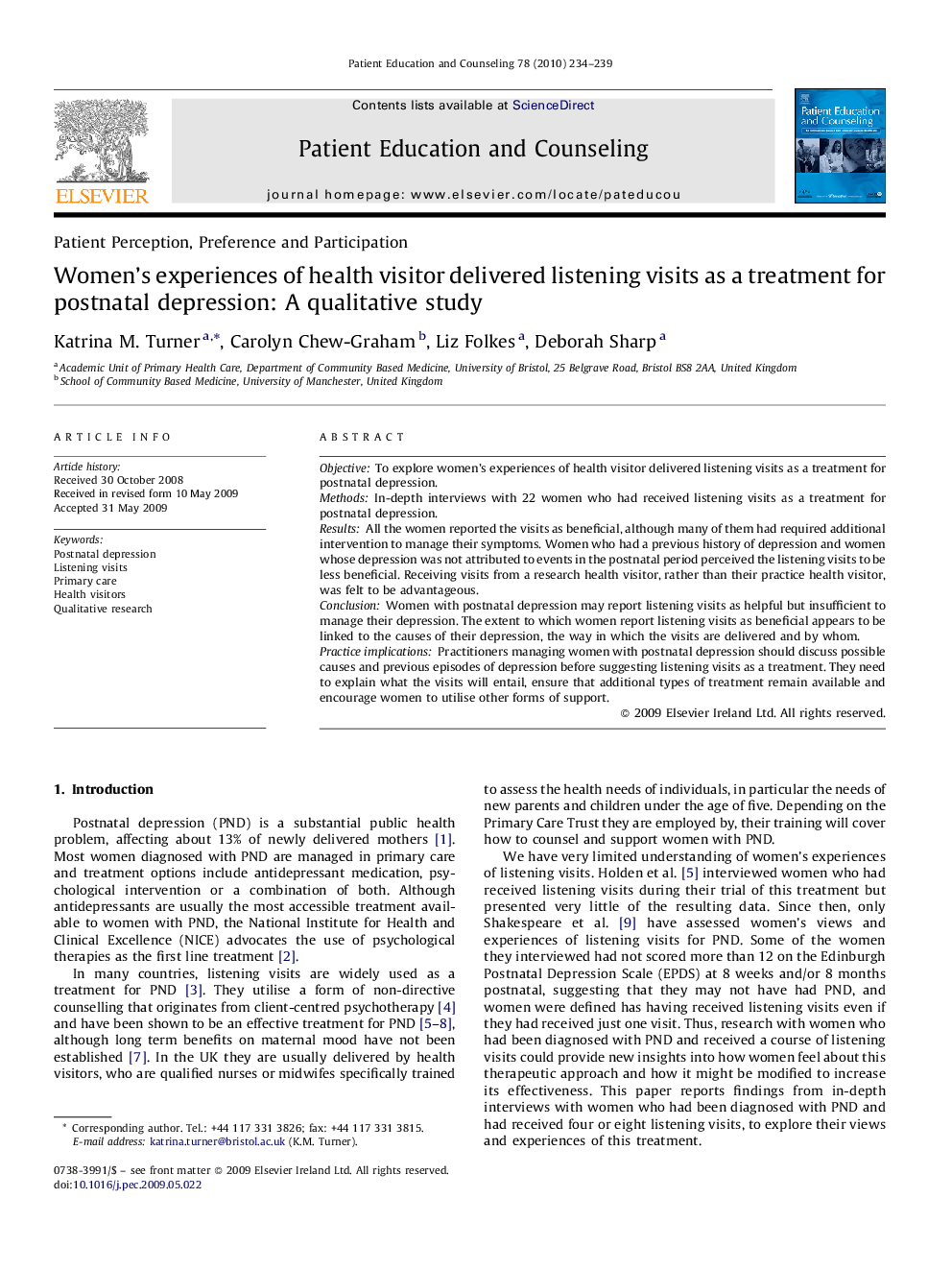 Women's experiences of health visitor delivered listening visits as a treatment for postnatal depression: A qualitative study