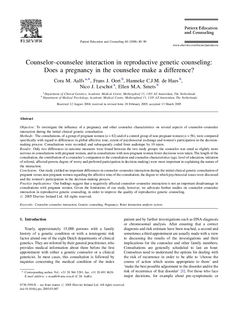 Counselor–counselee interaction in reproductive genetic counseling: Does a pregnancy in the counselee make a difference?