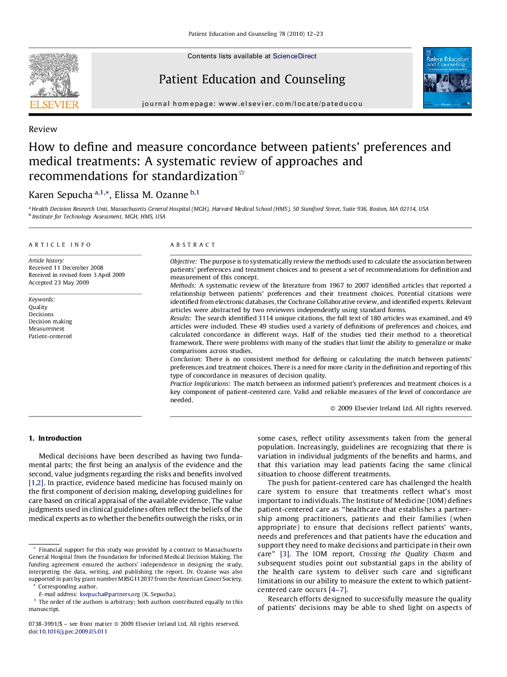 How to define and measure concordance between patients’ preferences and medical treatments: A systematic review of approaches and recommendations for standardization 