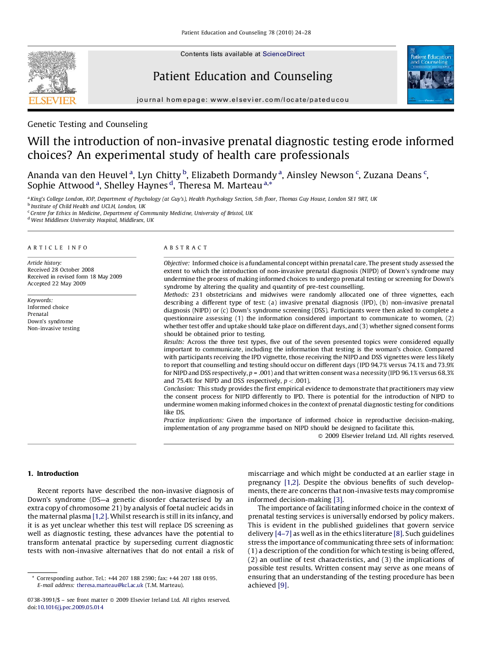 Will the introduction of non-invasive prenatal diagnostic testing erode informed choices? An experimental study of health care professionals