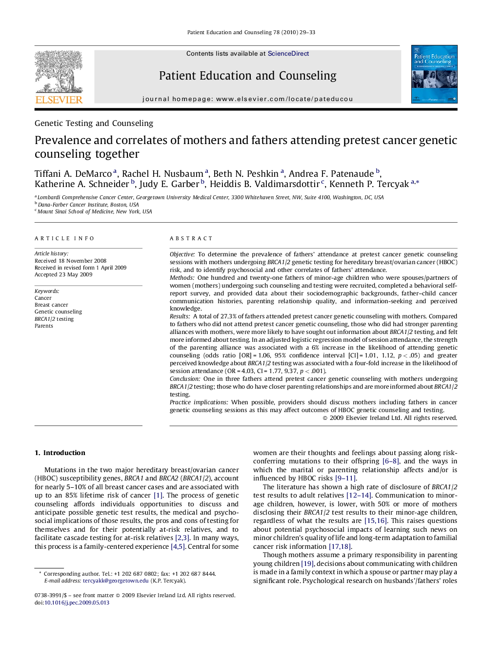 Prevalence and correlates of mothers and fathers attending pretest cancer genetic counseling together