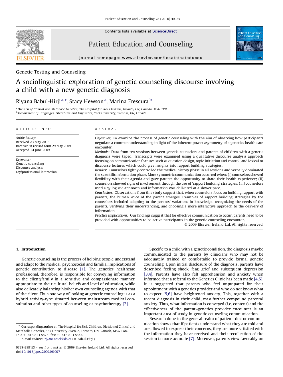 A sociolinguistic exploration of genetic counseling discourse involving a child with a new genetic diagnosis