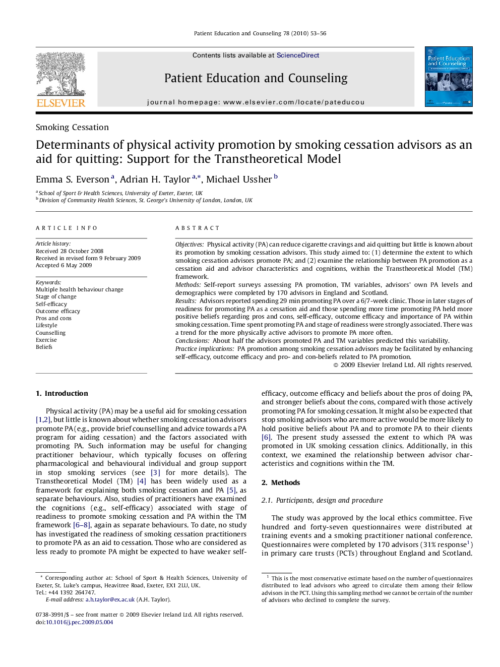 Determinants of physical activity promotion by smoking cessation advisors as an aid for quitting: Support for the Transtheoretical Model