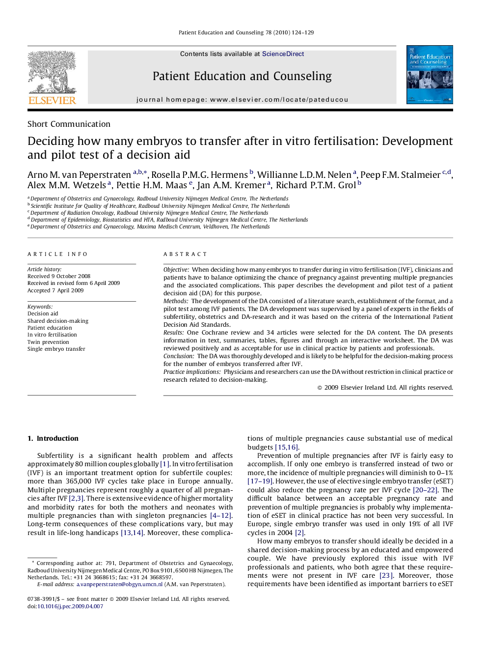 Deciding how many embryos to transfer after in vitro fertilisation: Development and pilot test of a decision aid