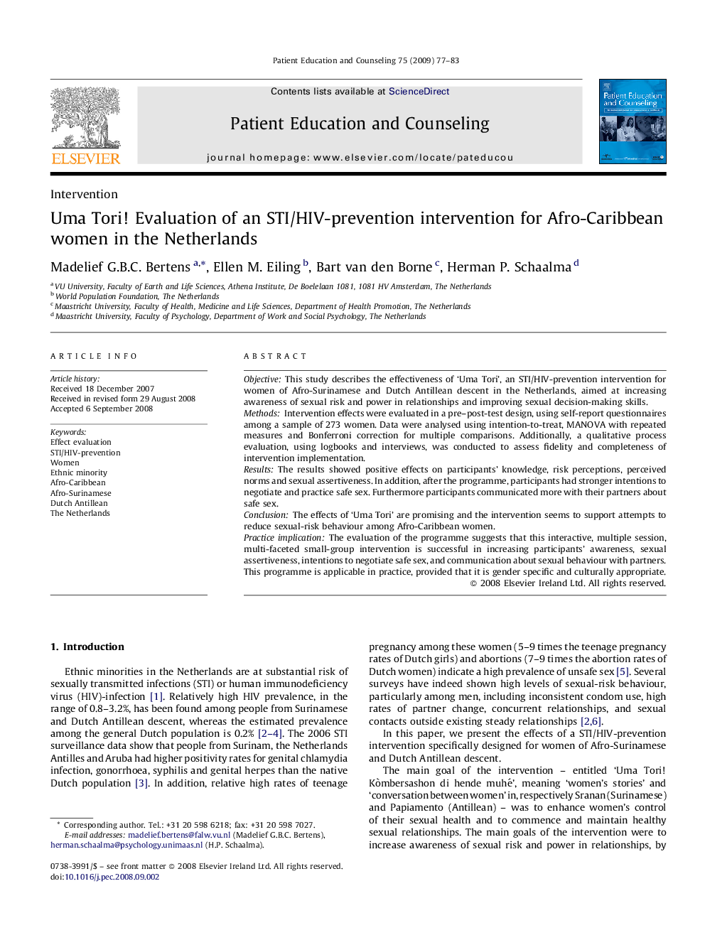 Uma Tori! Evaluation of an STI/HIV-prevention intervention for Afro-Caribbean women in the Netherlands