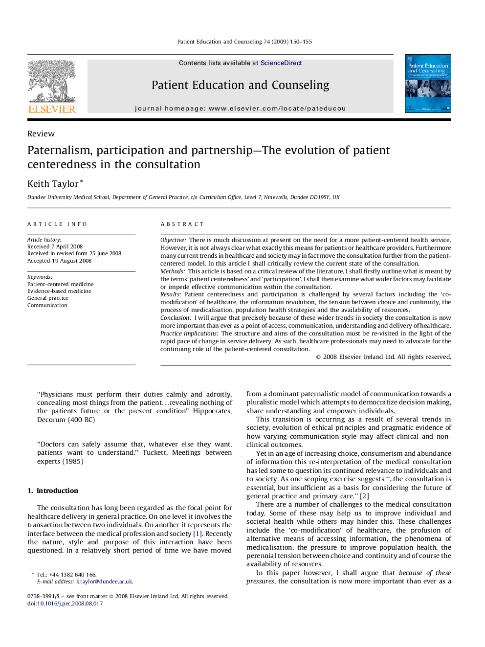 Paternalism, participation and partnership—The evolution of patient centeredness in the consultation