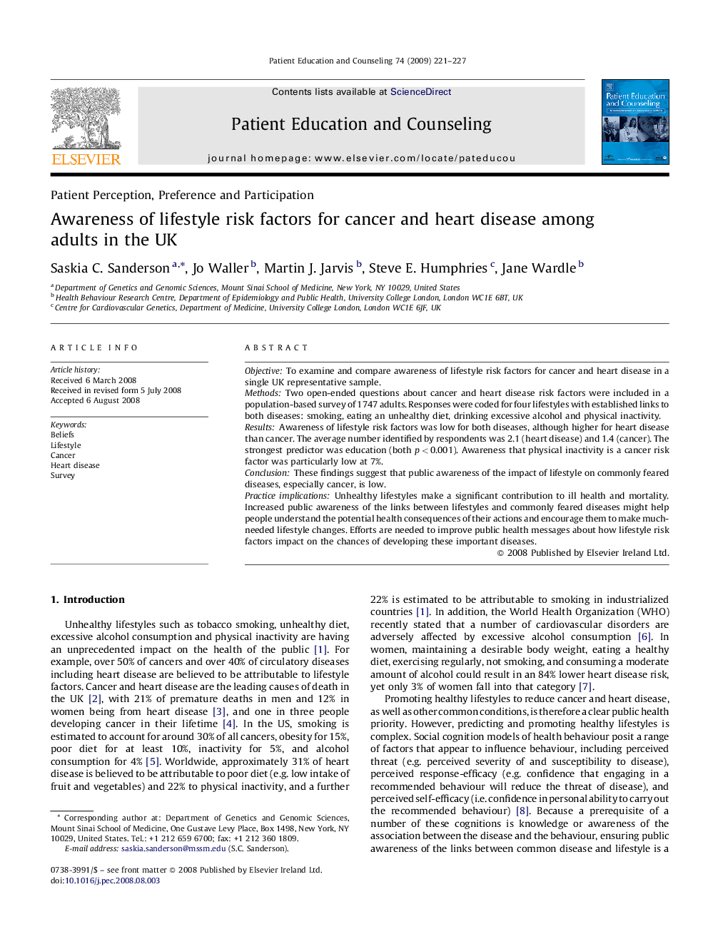 عکس صفحه اول مقاله: Awareness of lifestyle risk factors for cancer and heart disease among adults in the UK Awareness of lifestyle risk factors for cancer and heart disease among adults in the UK