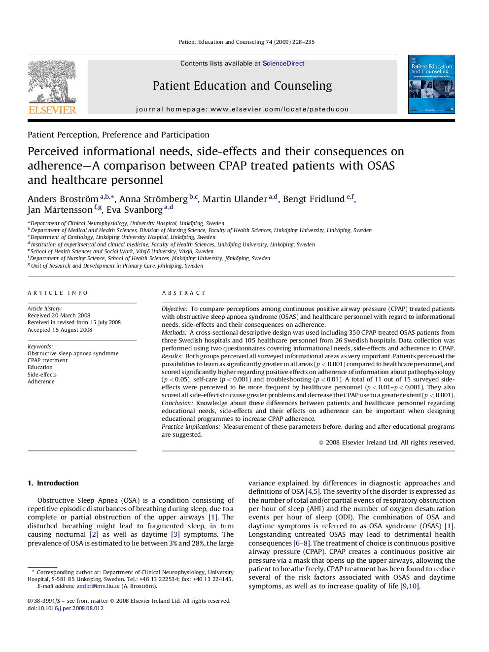 Perceived informational needs, side-effects and their consequences on adherence—A comparison between CPAP treated patients with OSAS and healthcare personnel