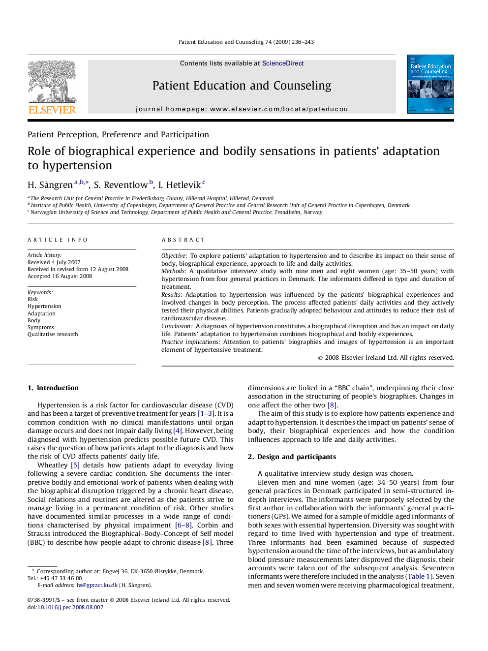 Role of biographical experience and bodily sensations in patients’ adaptation to hypertension